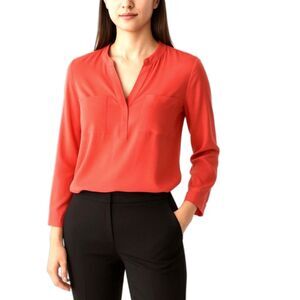 Lafayette 148 NWOT Coral 100% Silk Split Neck Long Sleeve Career Blouse Size 0